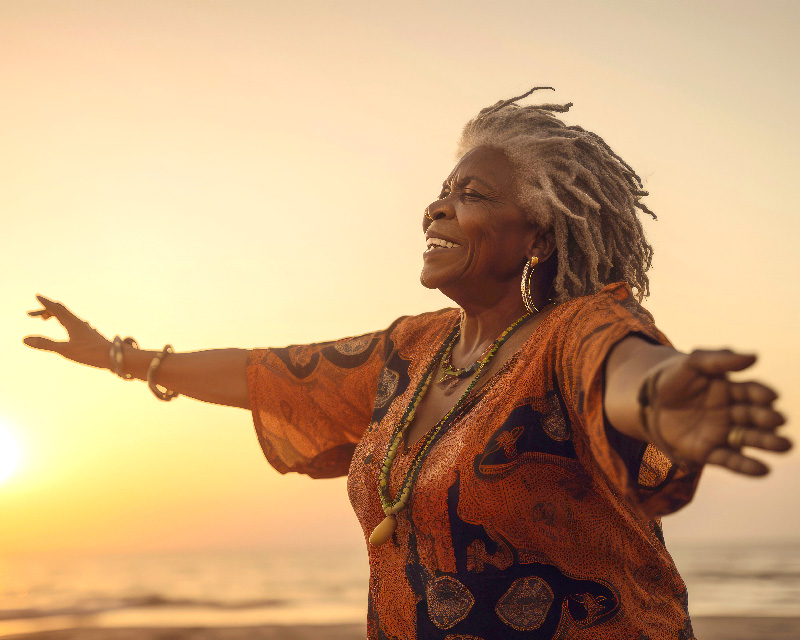 Woman on the beach with outstretched arms